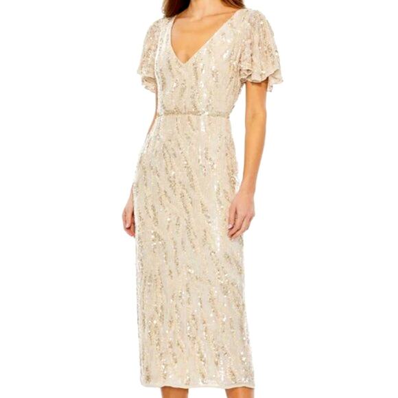 Mac Duggal NWT Women's 14 Sequined V Neck Flutter Sleeve Tea Length Dress 93591 - Picture 1 of 16